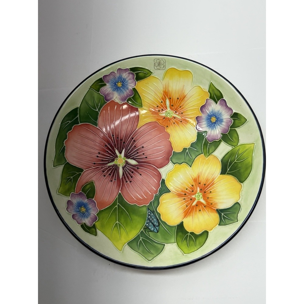 J McCall Hand Painted Floral Decorative Plate with Stand 8" Blue Sky Gold Detail
